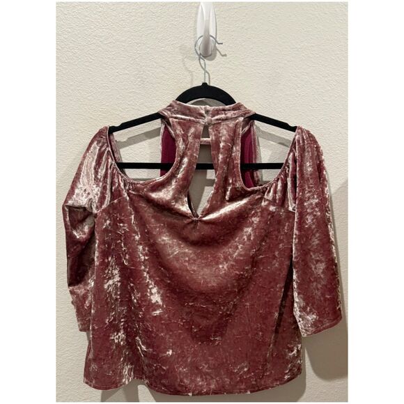 AMERICAN EAGLE OUTFITTERS Velvet Cold Shoulder High Neck V Rose Pink Boho Blouse - Picture 4 of 4